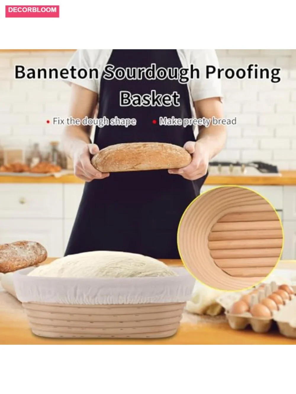Handmade Natural Rattan Oval Bread Proofing Basket with Liner for Sourdough